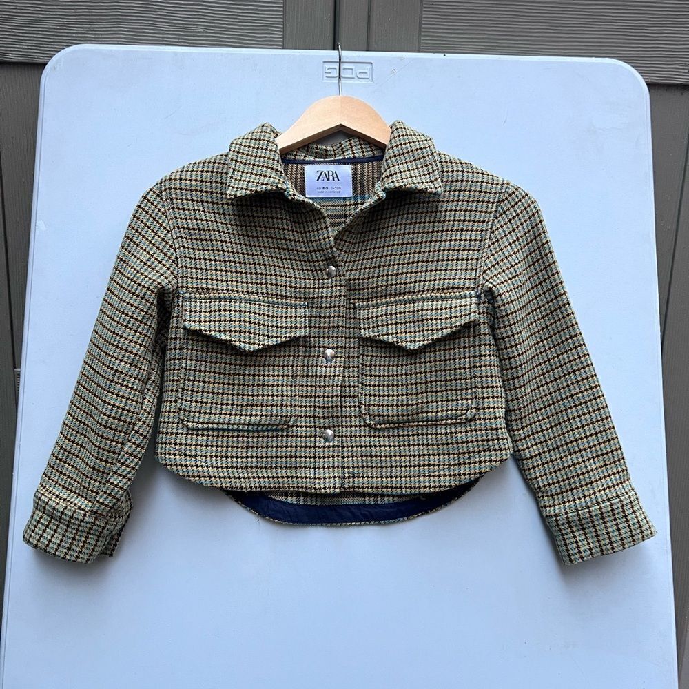 Zara Kids Green Plaid Tweed Button Snap Jacket pea green, mustard, turquios